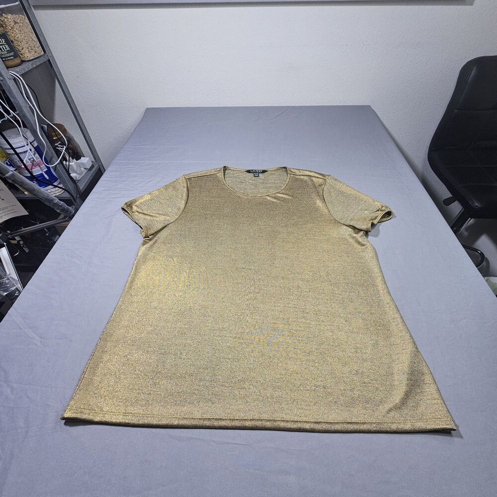 Lauren Ralph Lauren Gold Metallic Top XL Short Sleeve Shimmer Party Holiday...